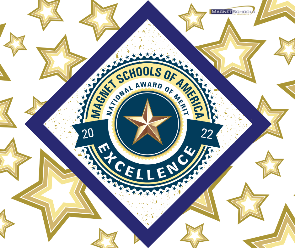 diamond shape surrounded by stars - circles the Magnet School of Excellence logo